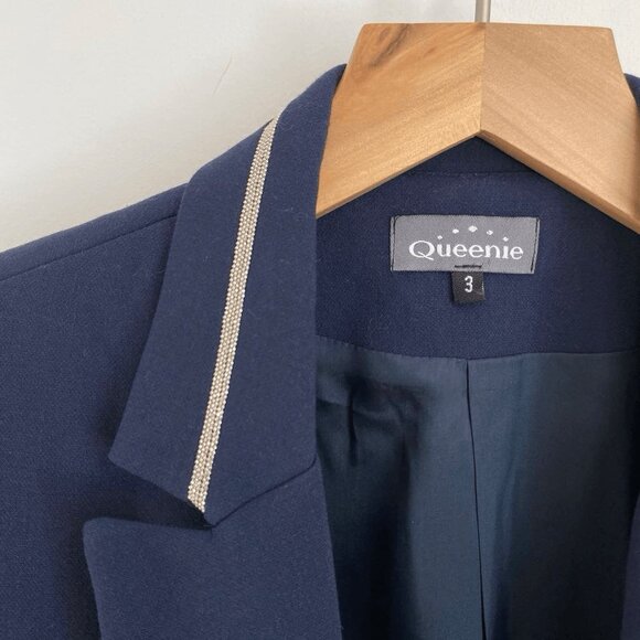 Vintage Queeni Women's Size 3 US Medium Navy Blue Classic Cut Blazer Jacket Trim - Picture 8 of 15